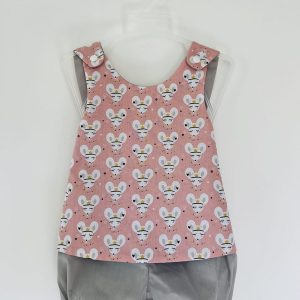 Ensemble tablier bloomer - Souris rose - Uni gris