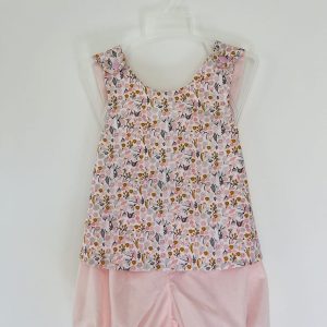 Ensemble tablier bloomer - Fleurs roses et grise - Uni rose