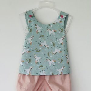 Ensemble tablier bloomer - Licorne bleu - Uni rose