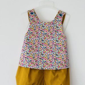 Ensemble tablier bloomer - Petites fleurs fuchsias et moutardes - Uni moutarde