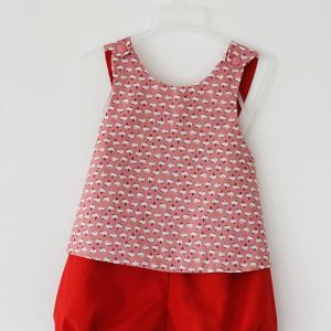 Ensemble tablier bloomer - Petits oiseaux - Uni rouge